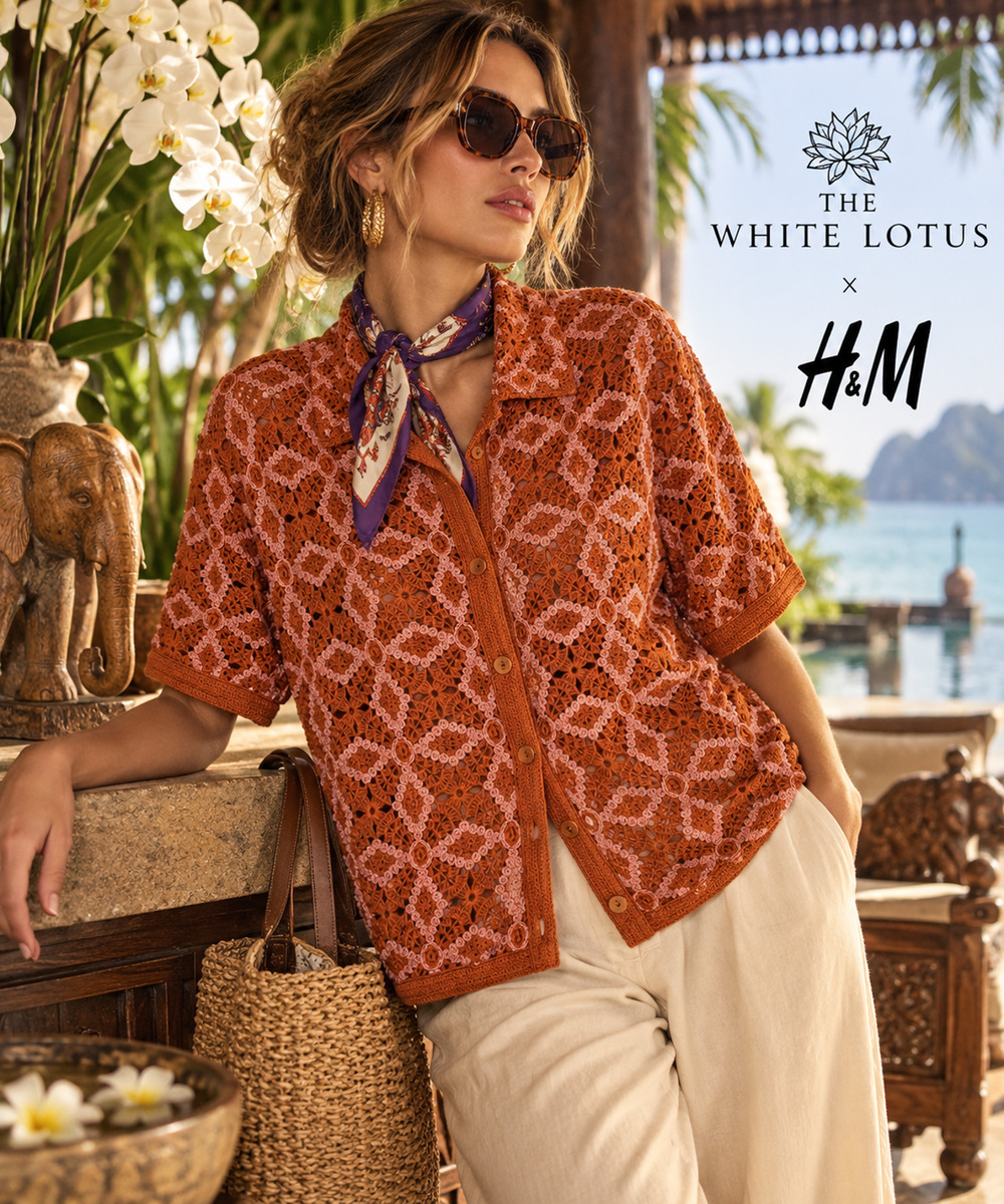 H&M x The White Lotus Sz M Crochet Shirt Orange Pink Resort Button Top HBO